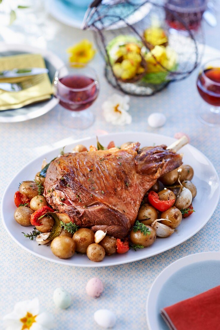 Roasted leg of lamb with potatoes for Easter