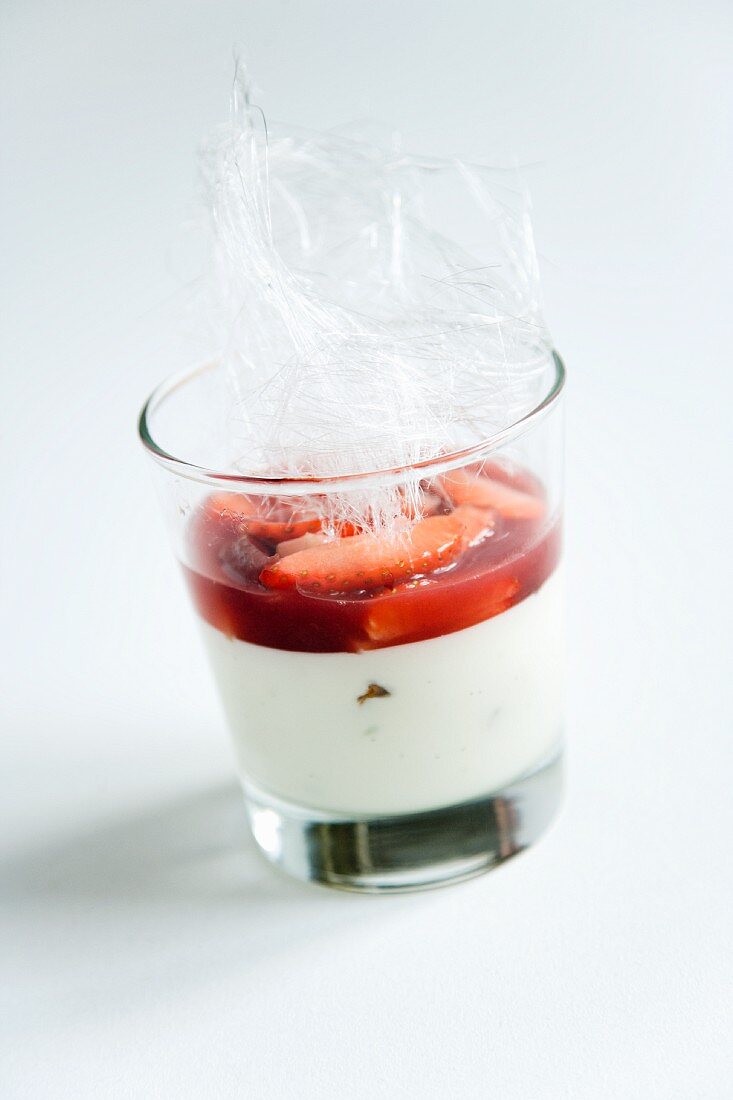 Rhubarb and strawberry compote on buttermilk mousse with cantuccini