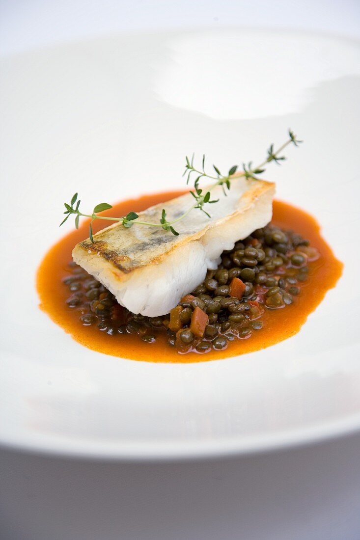 Fried zander fillet on a lentil goulash