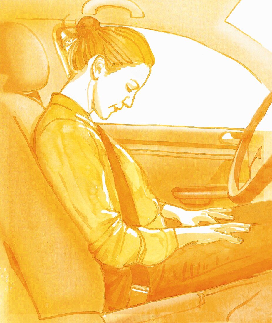 A woman relaxing in the driver's seat of a car