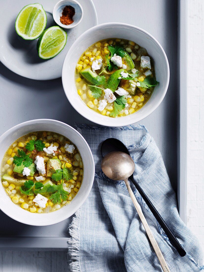 Corn-avocado soup with goat cheese and coriander
