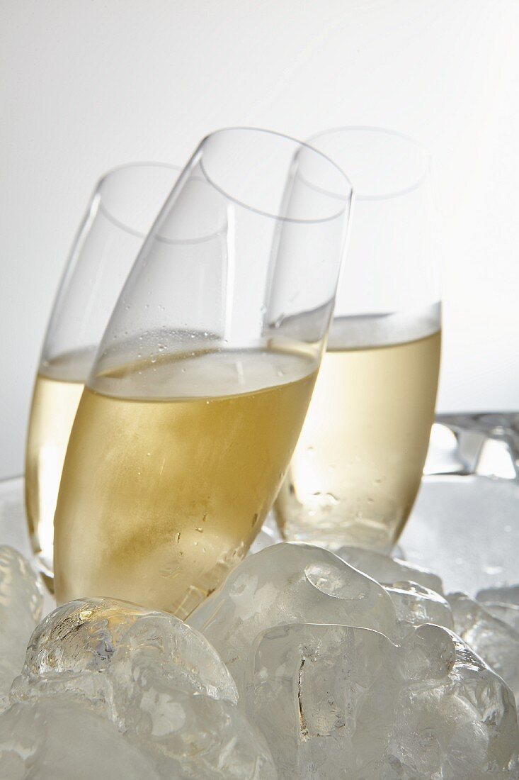 Glasses of Prosecco surrounded by ice cubes