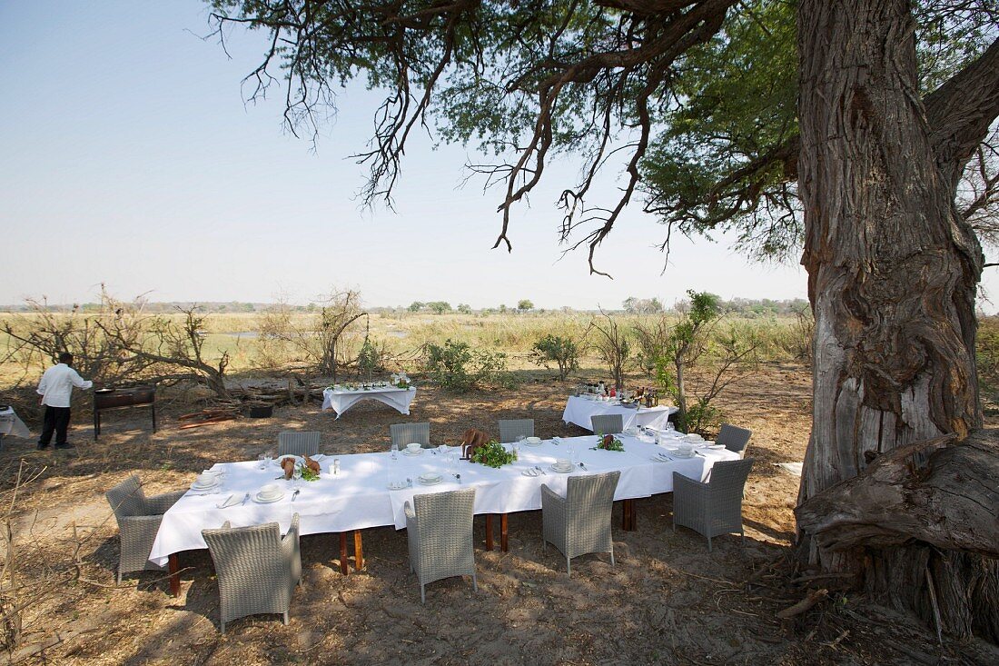 Gedckter Esstisch im Freien auf einer Lodge, Afrika