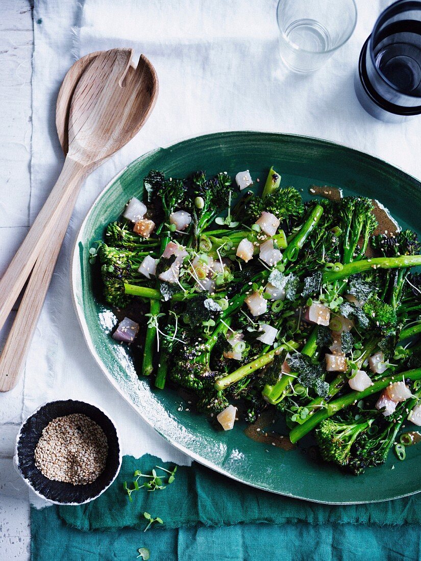 Charred broccolini with kingfish, miso and sesame, Fish, Seafood