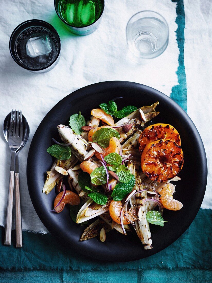 Grilled witlof, mint and almond salad with blackened mandarin