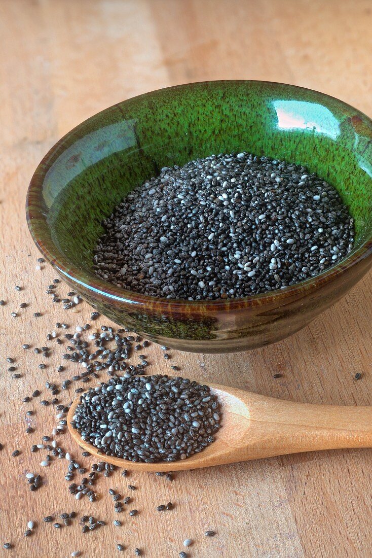 Chia seeds in a green bowl