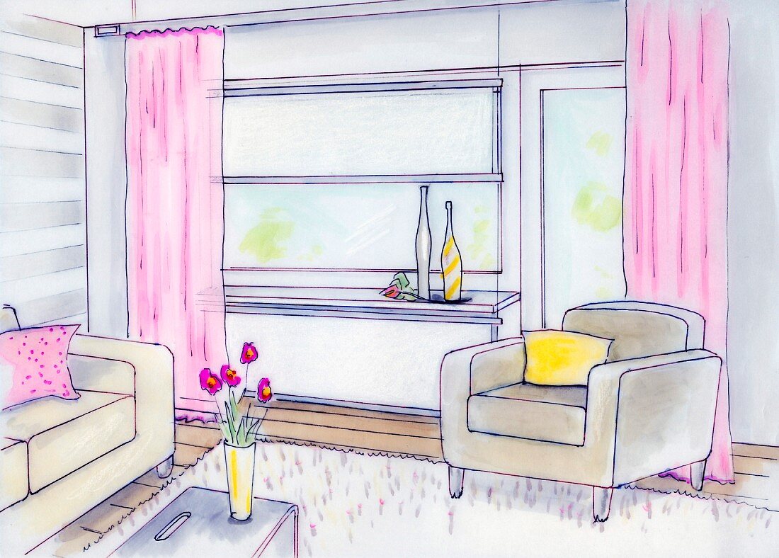 An illustration of window decoration plans in a living room