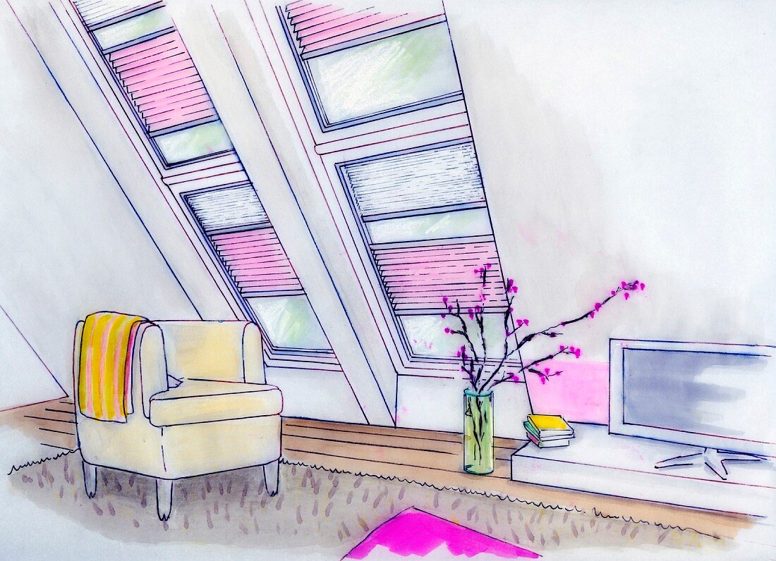 Illustration zur Planung von Fensterdeko im Wohnzimmer