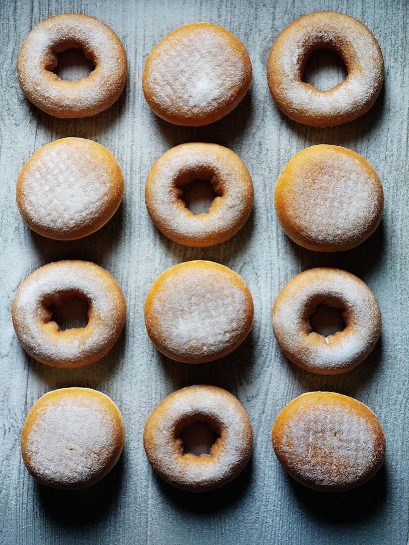 Various doughnuts with icing sugar (seen from above)