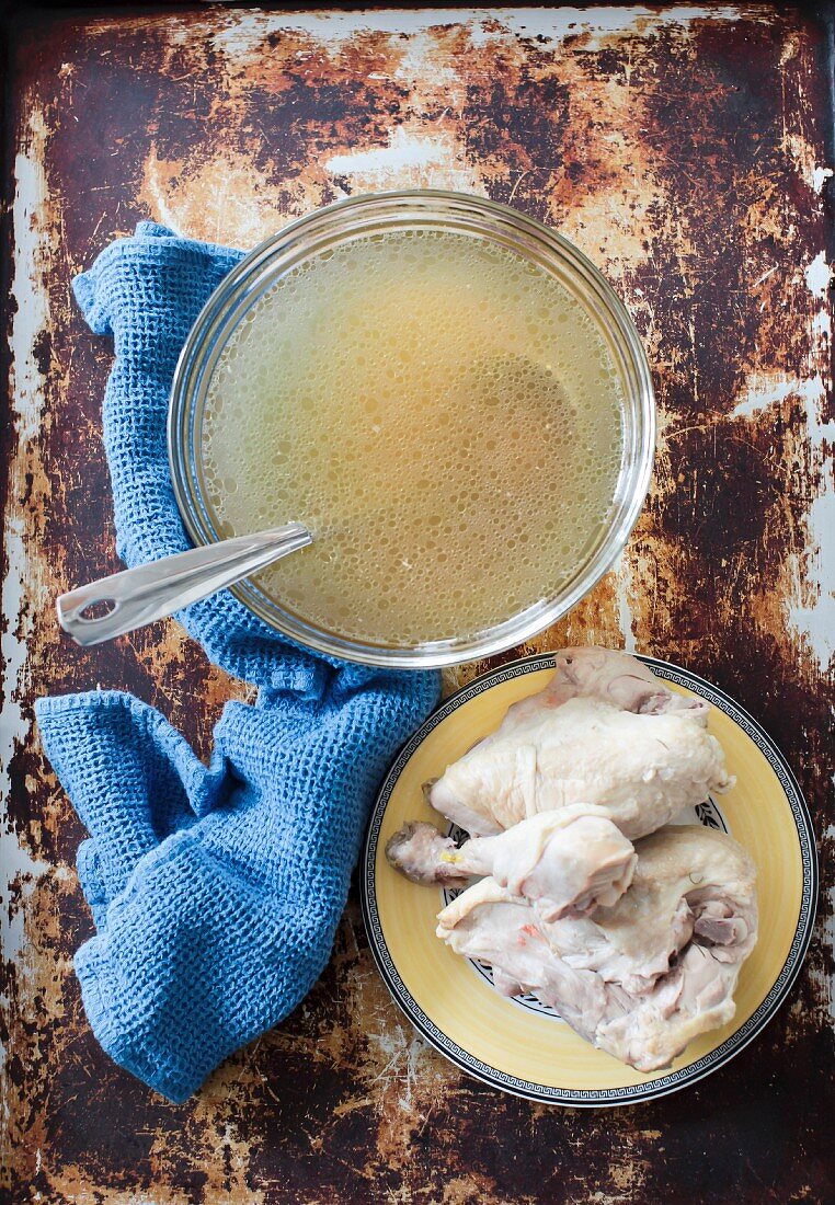 Cooked chicken broth