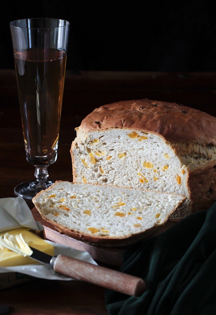 Irish Barmbrack bread with dried apricots and butter