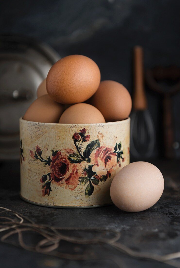 Eggs in a rose-patterned container