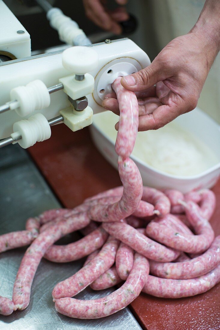 Sausages being made, Berlin, Germany