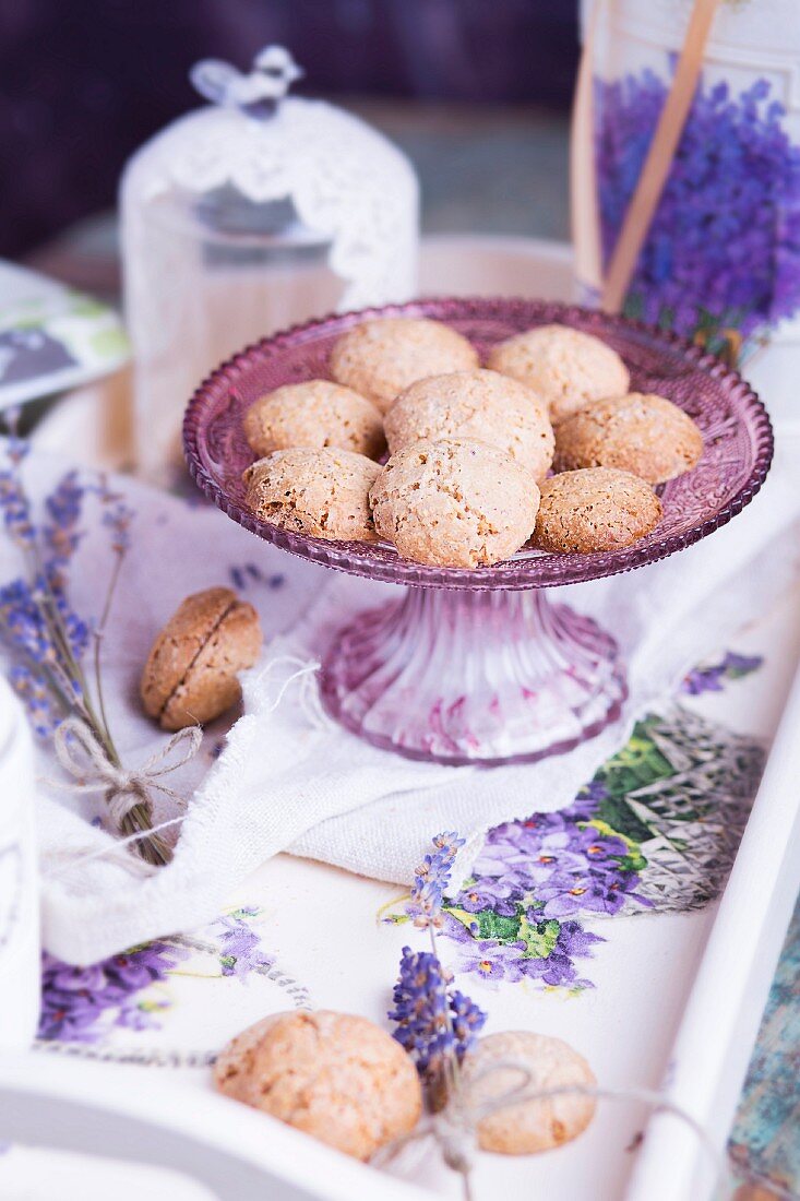 Gluten-free hazelnut macaroons and lavender decorations