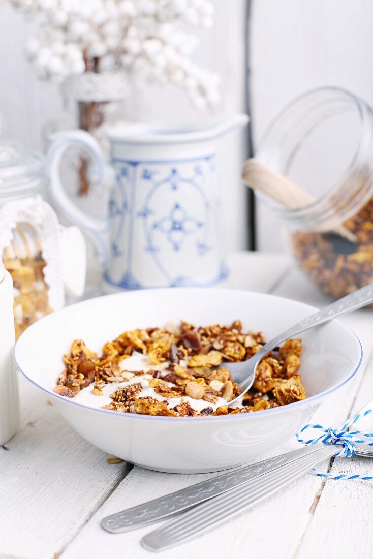 A bowl of homemade breakfast muesli with milk