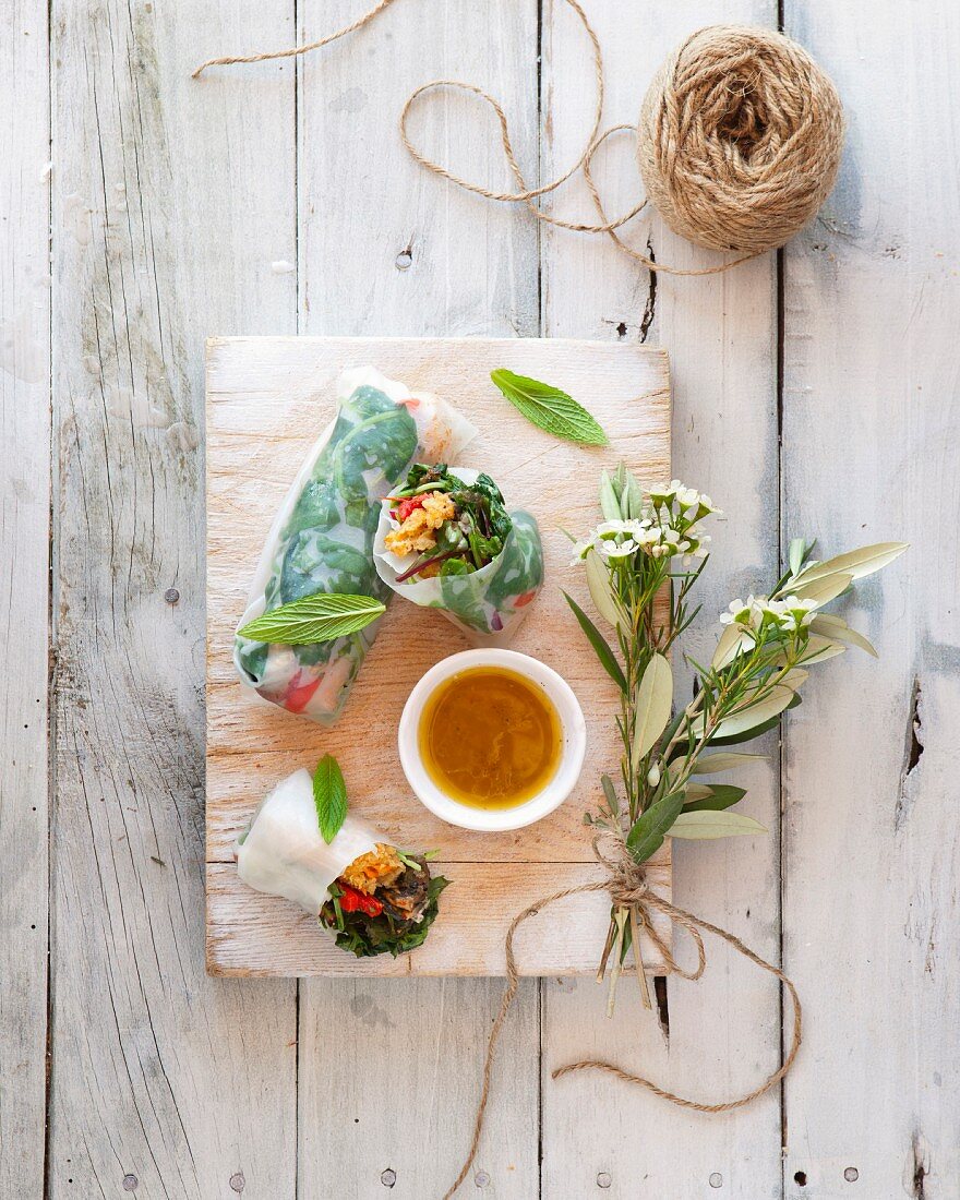 Spring rolls with crispy oysters and vegetables