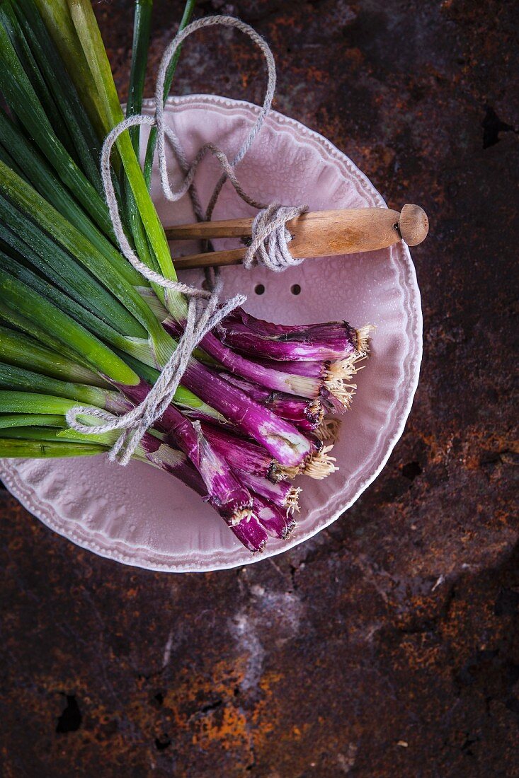 Red spring onions in a porcelain bowl