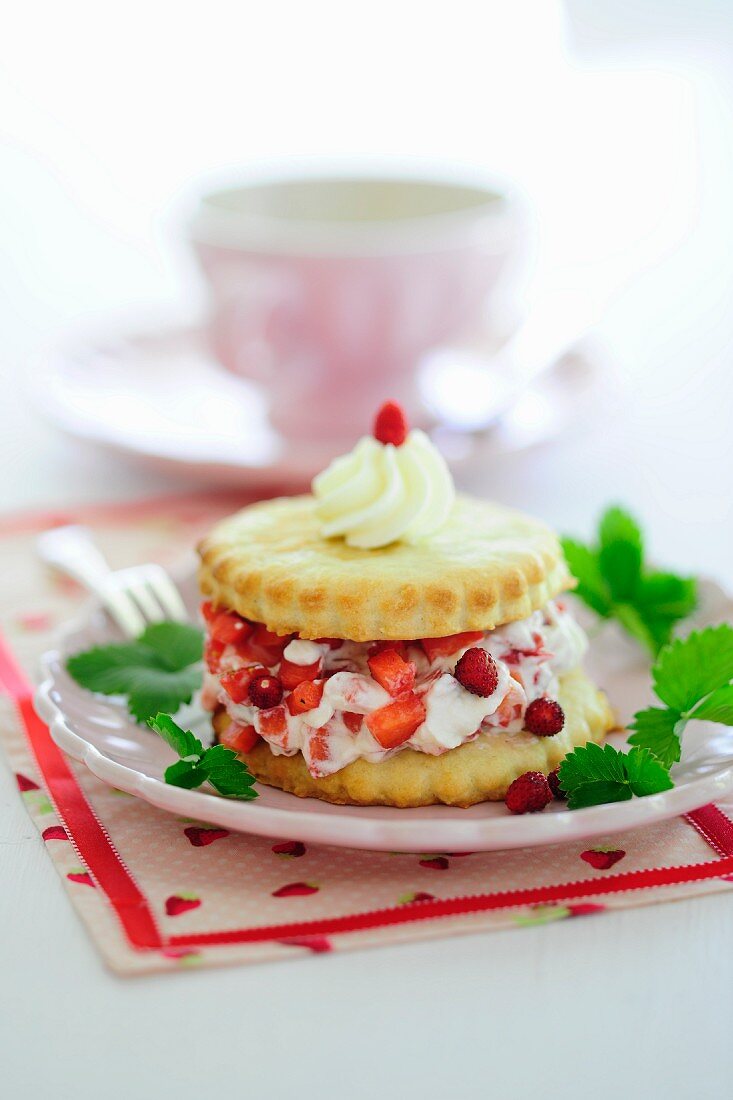 Strawberry shortcake with wild strawberries and cream (England)