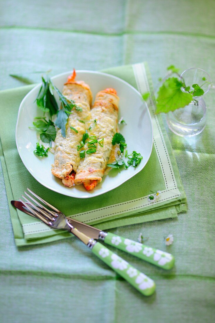 Spring crepes with crab meat and fresh herbs