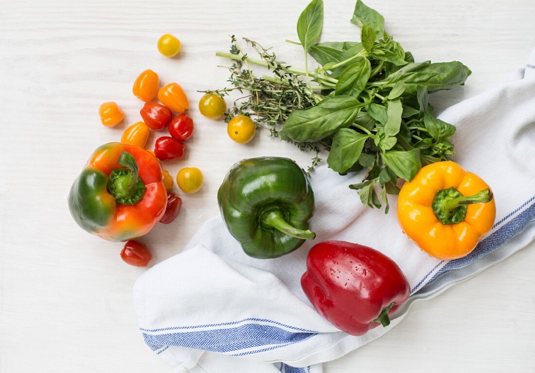 Peppers, cocktail tomatoes and herbs