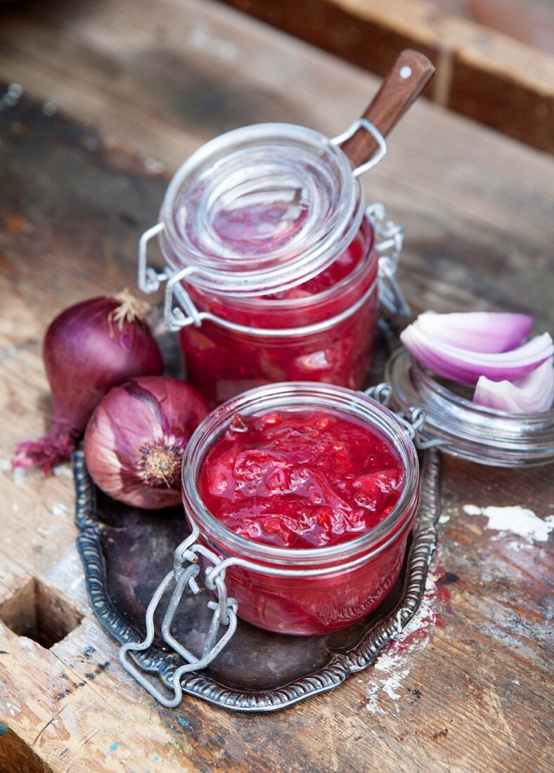 Two jars of red onion chutney
