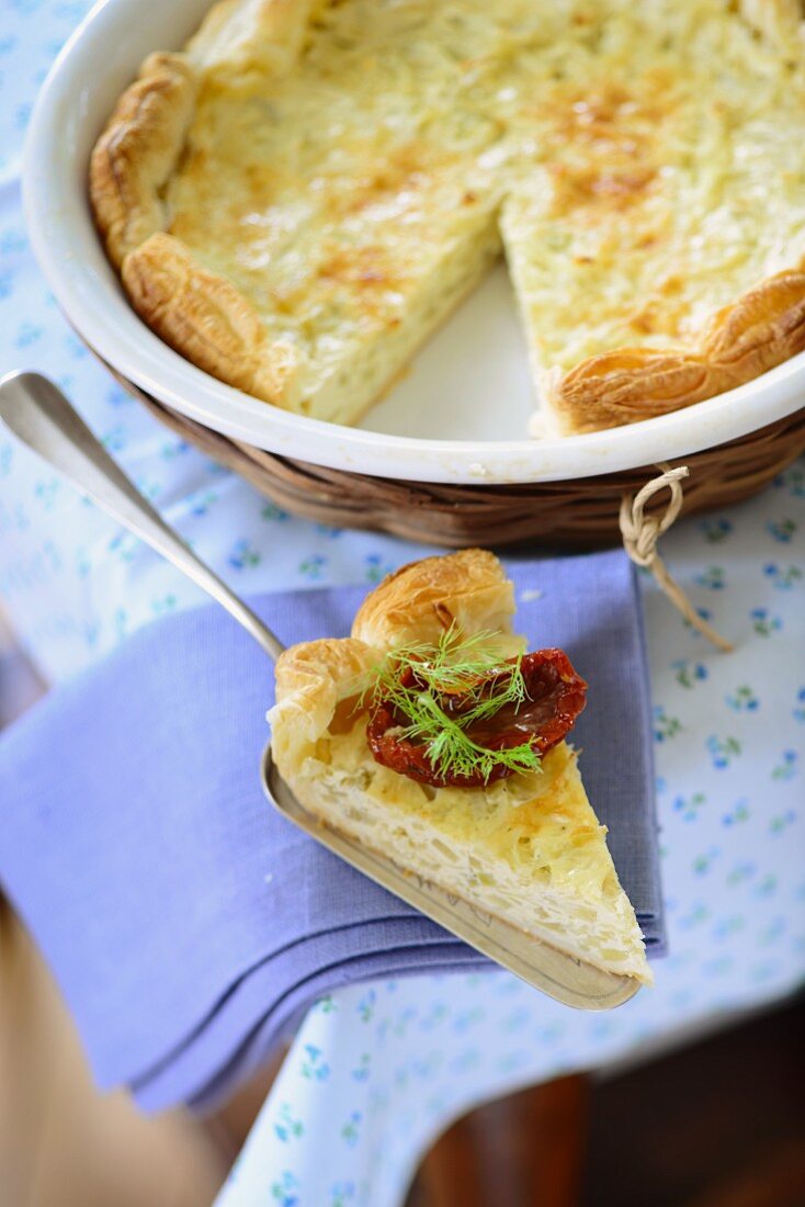 Fennel and cheese pie, sliced