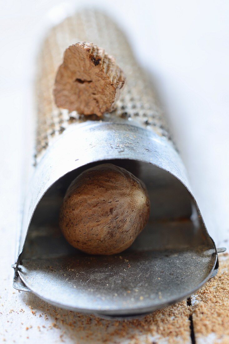 A nutmeg with a grater (close-up)