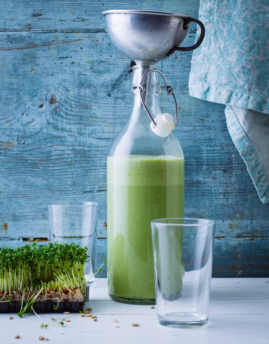 Green herb and radish drink with sunflower seeds