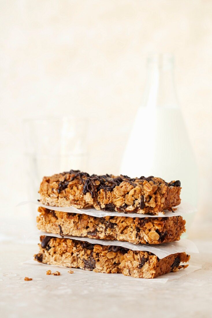 A stack of muesli bars with chocolate and brown sugar