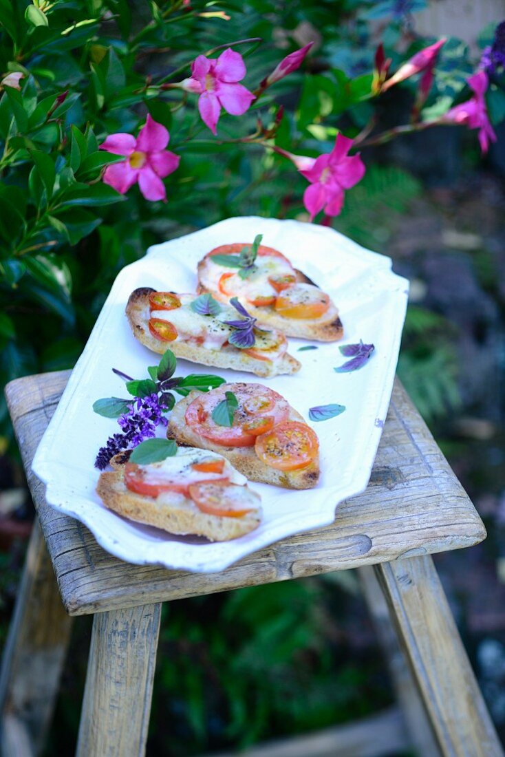 A grilled tomato and cheese sandwich on a serving platter on a stool outside