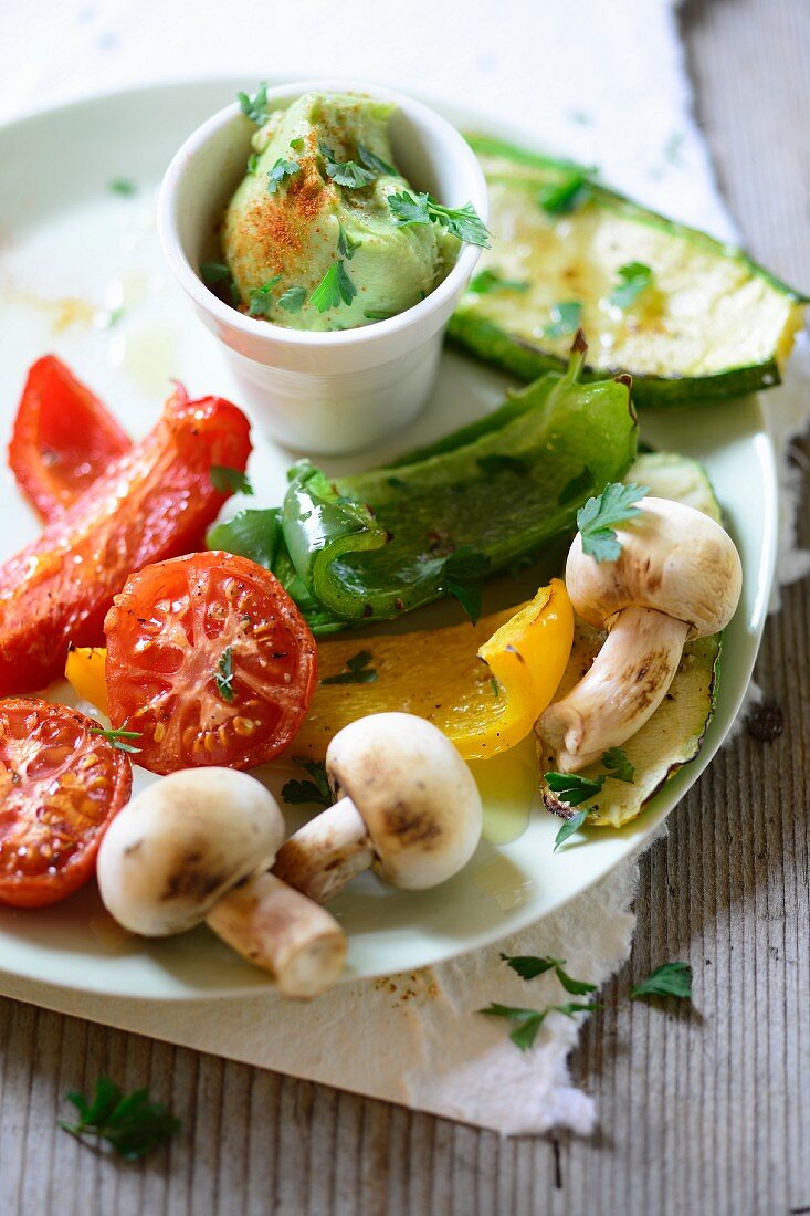Vegetable antipasti with a dipping sauce