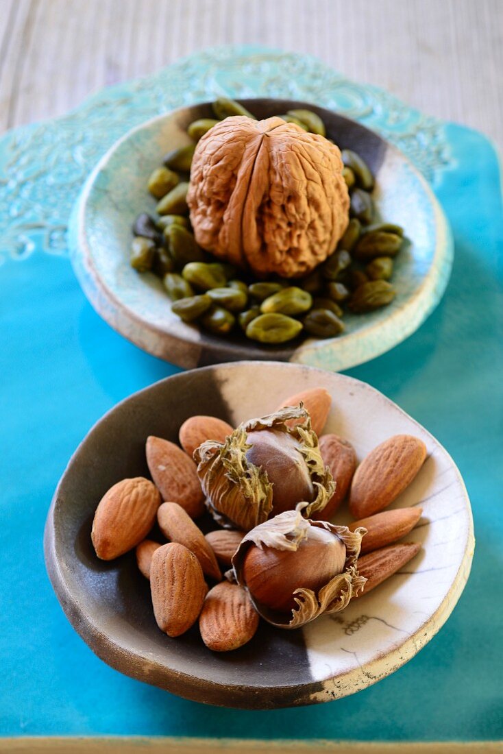 Pistachio nuts, walnuts, almonds and hazelnuts in ceramic bowls