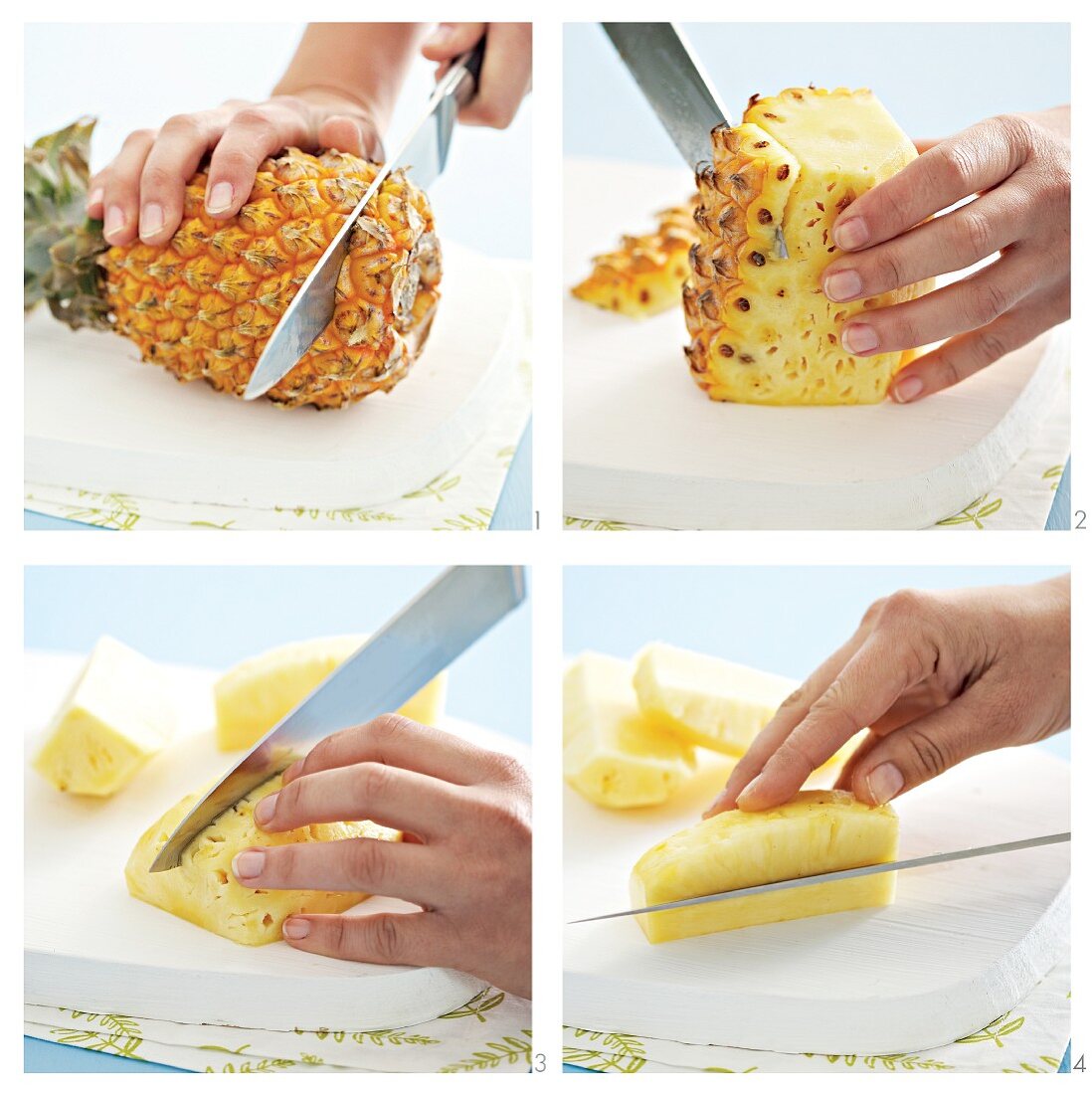 A pineapple being peeled and sliced