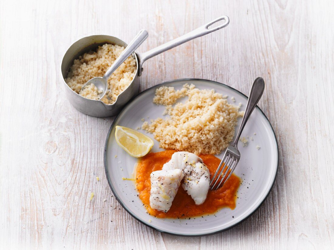 Monkfish with couscous and carrot purée