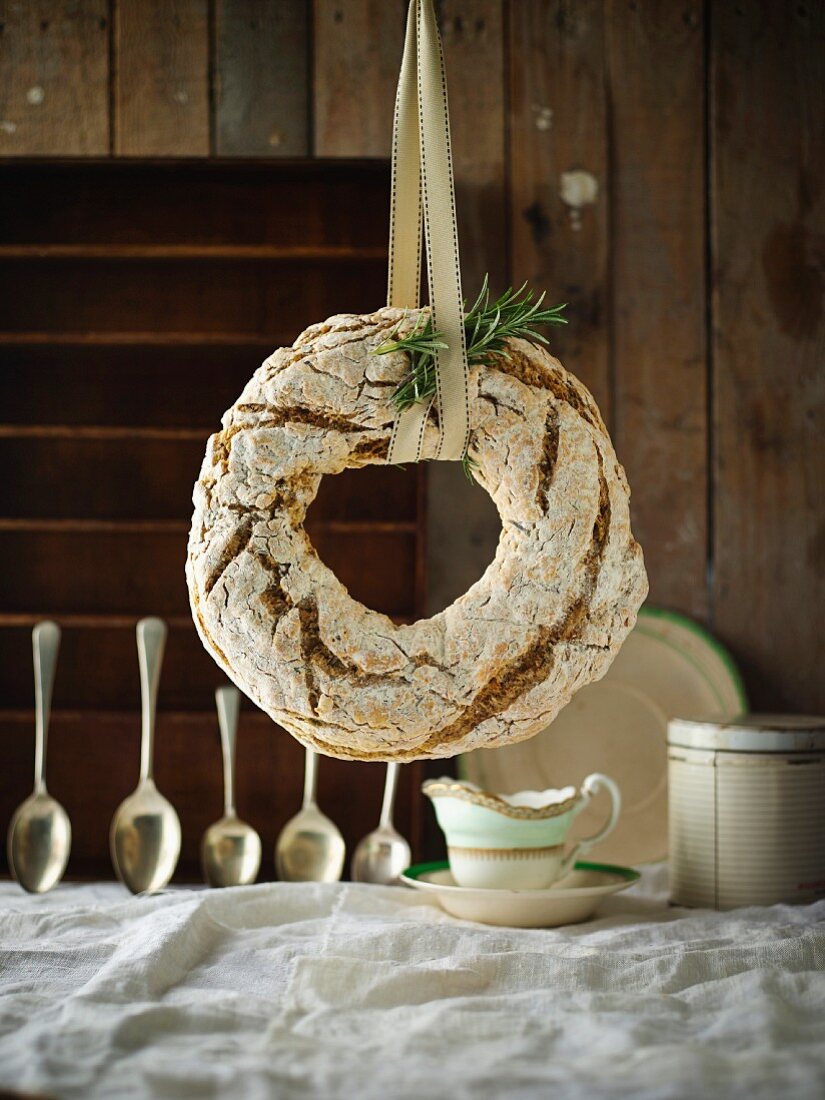 Ring of soda bread with rosemary, brown butter and coarse pepper baked for St. Patrick's Day