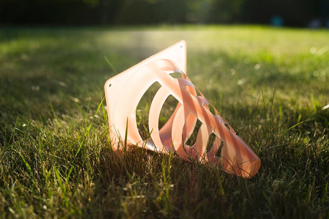 Traffic cone lying on grass