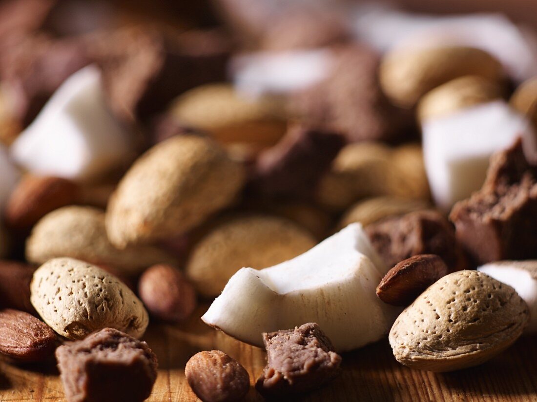 Pieces of coconut, fudge and almonds (close-up)
