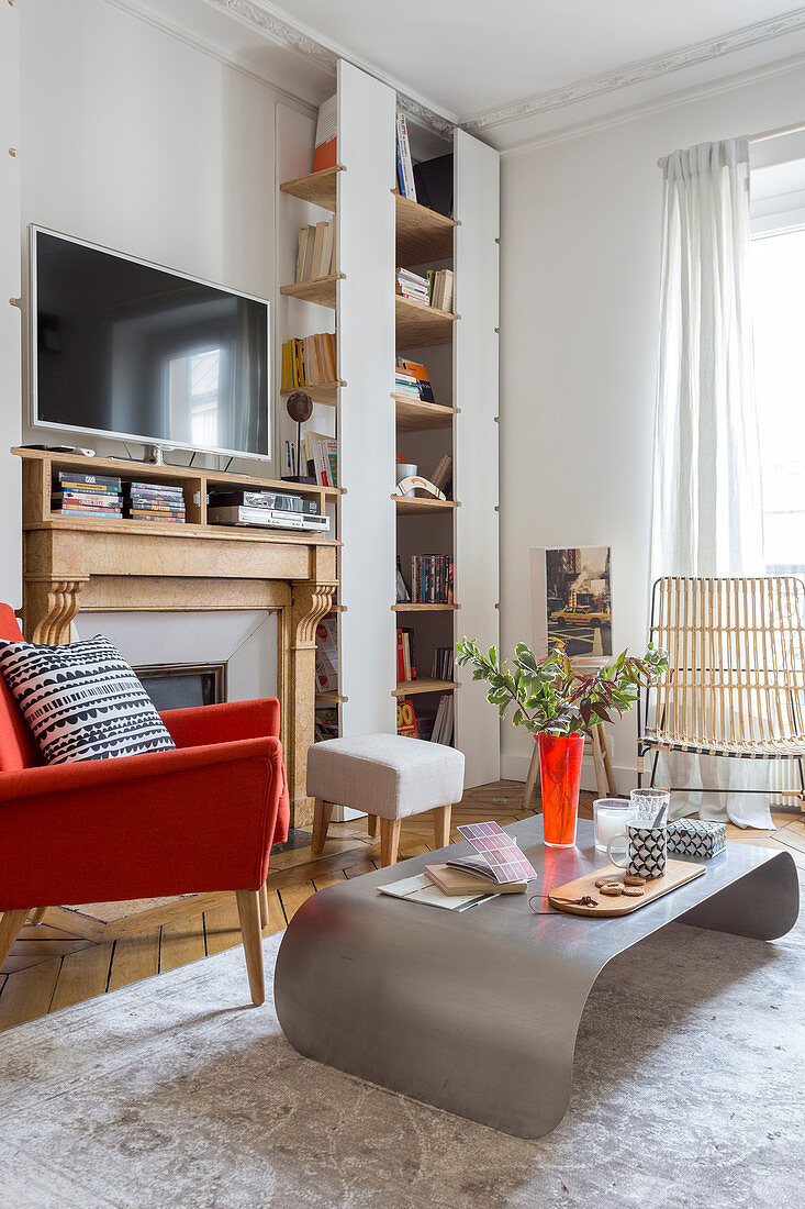 Modern coffee table and shelving in living room