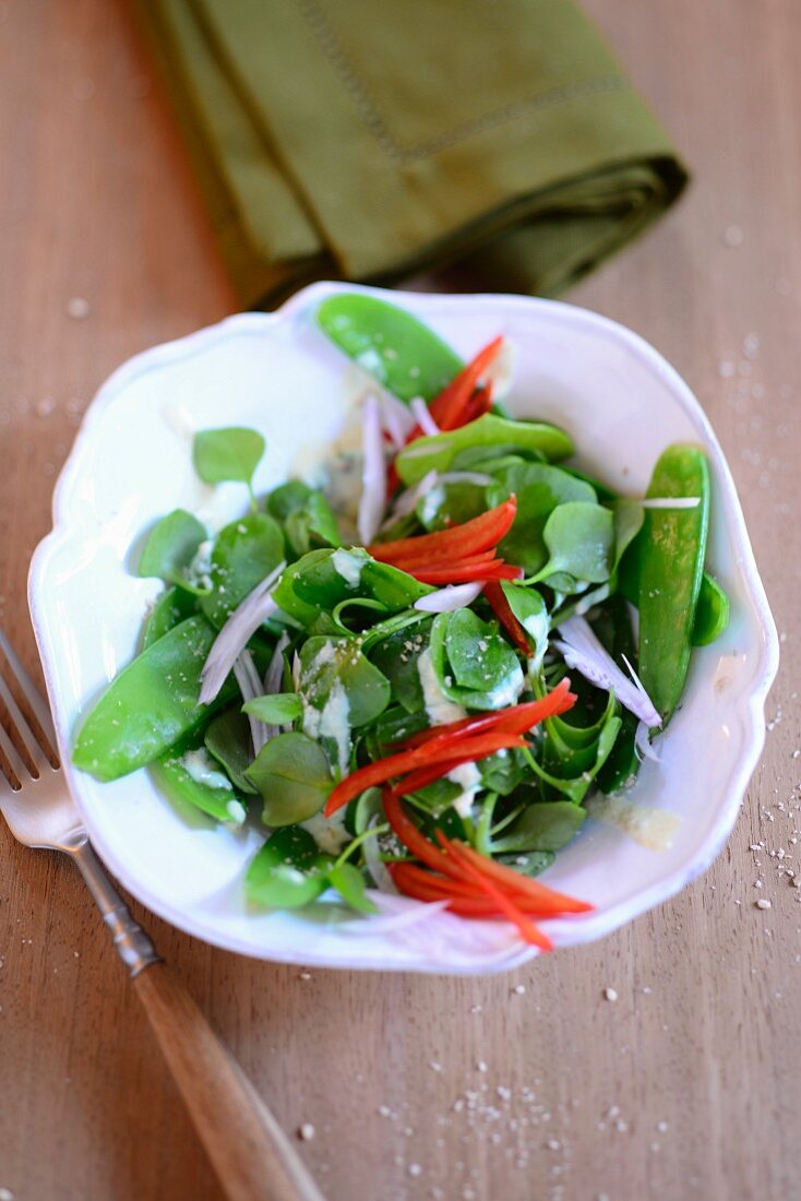 Purslane salad with peppers, mange tout and a sesame seed dressing