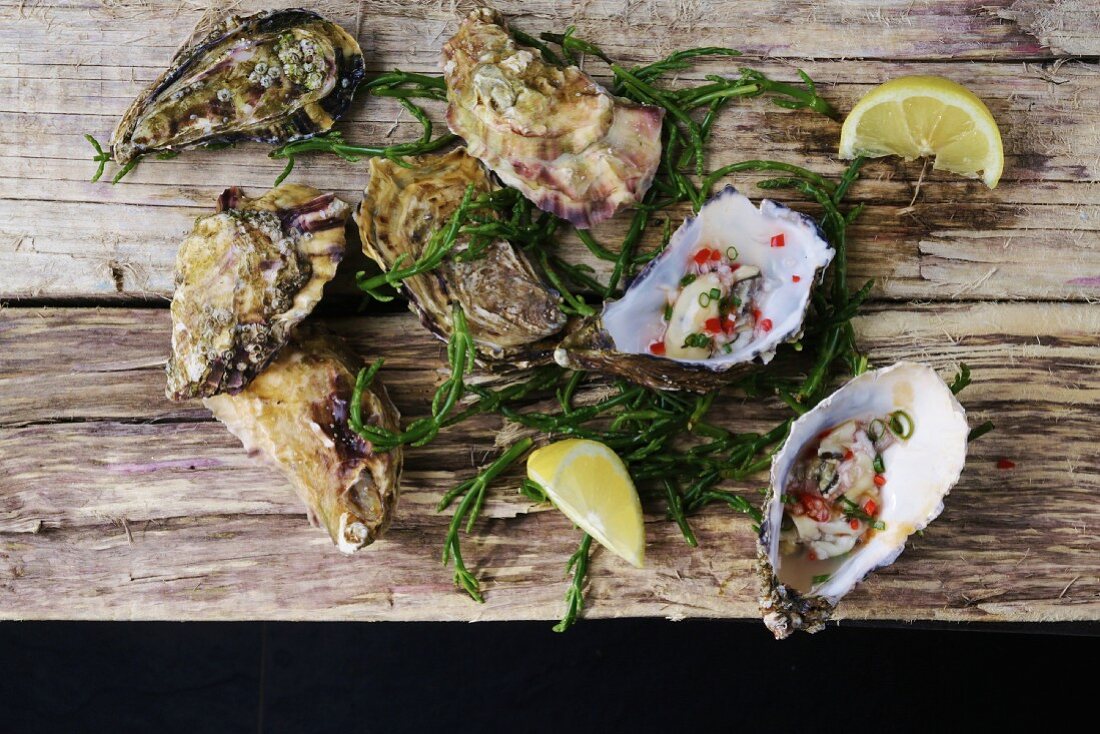Marinated oysters with lemon and seaweed on wooden surface