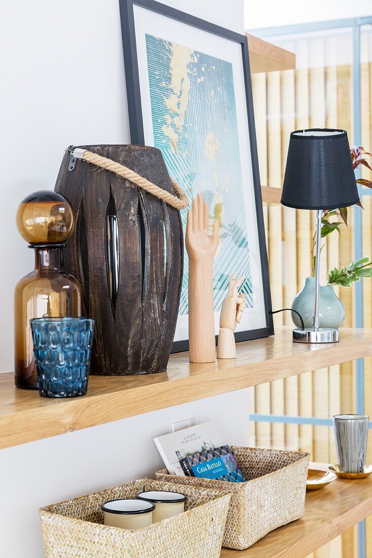 Various ornaments on two floating shelves