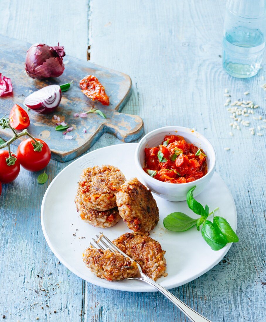 Wholemeal rice fritters with tomato salsa