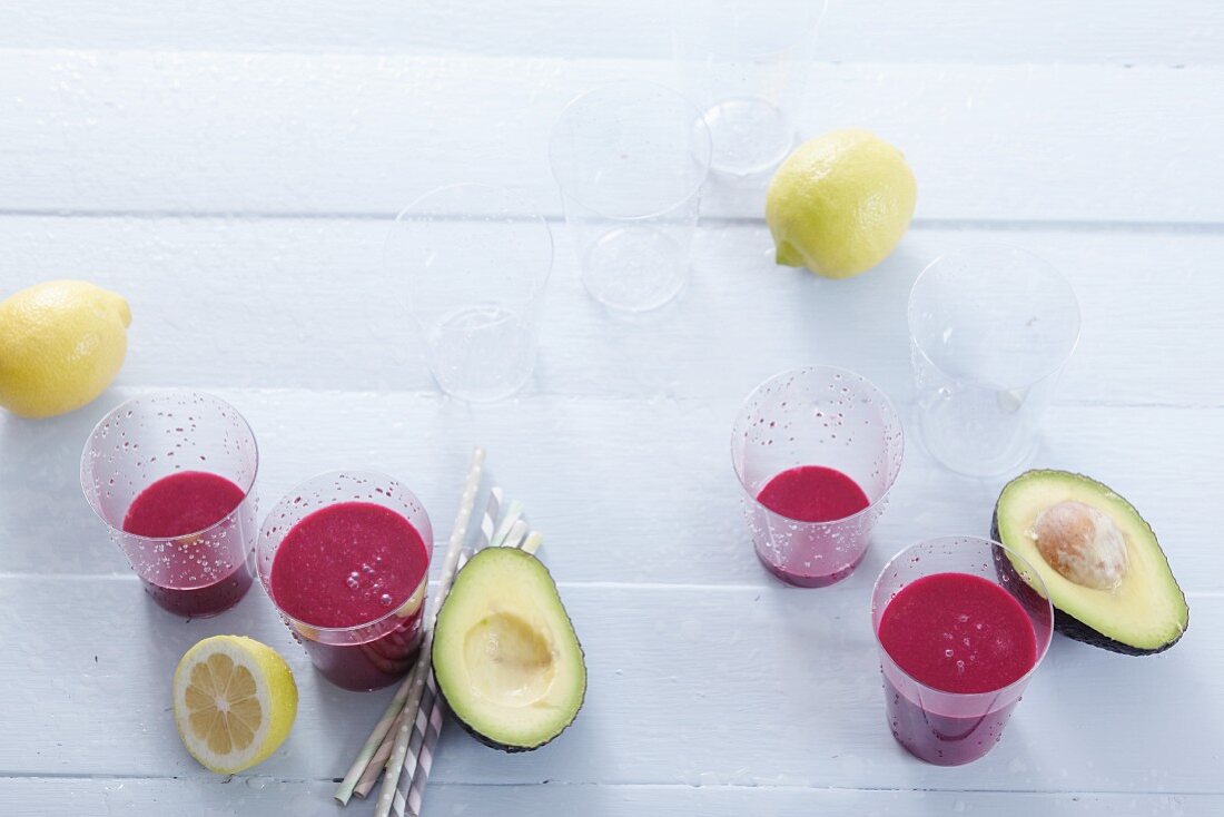 Beetroot smoothies with avocado, ginger and lemon juice
