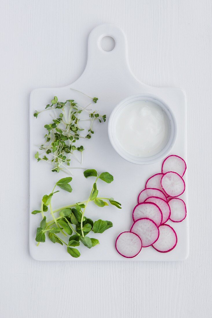 Pea shoots, cress and sliced radish with a pot of yoghurt