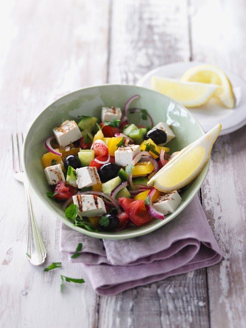 Greek country salad with grilled halloumi