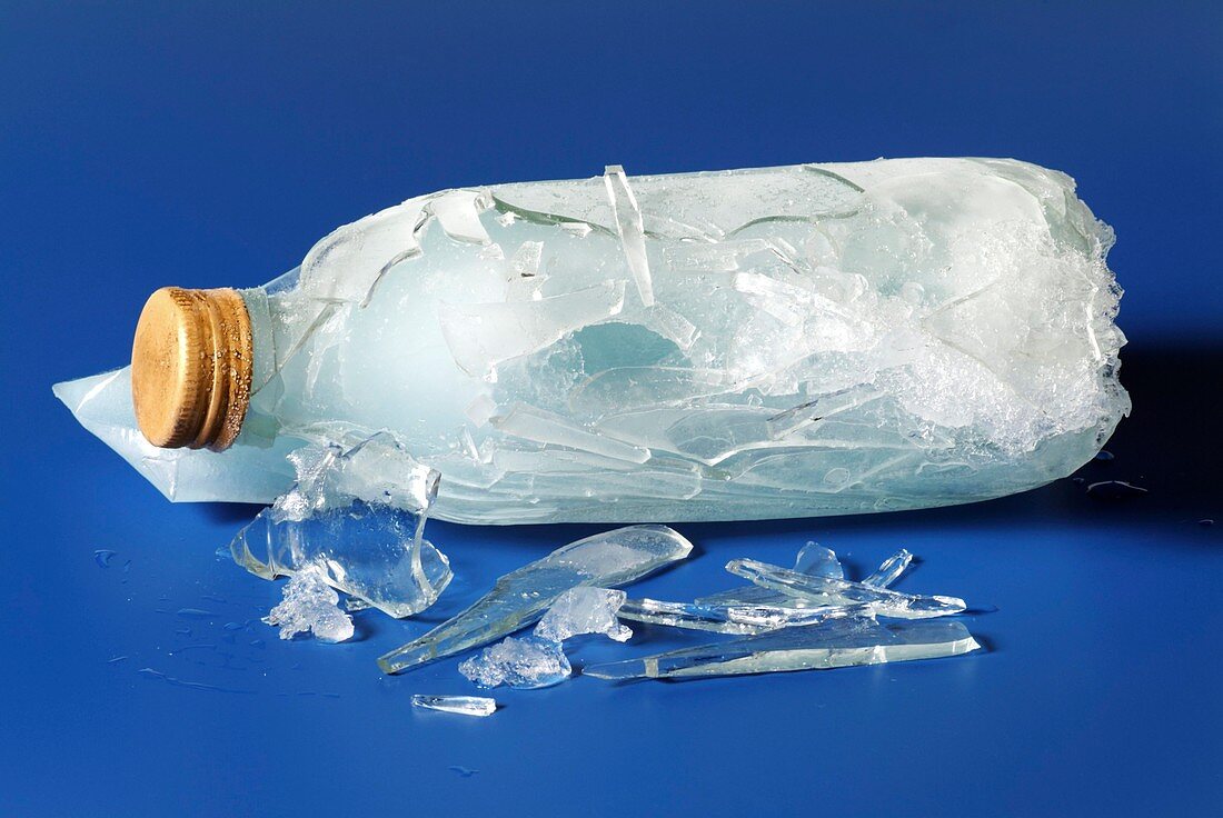 Glass bottle shattered by frozen water