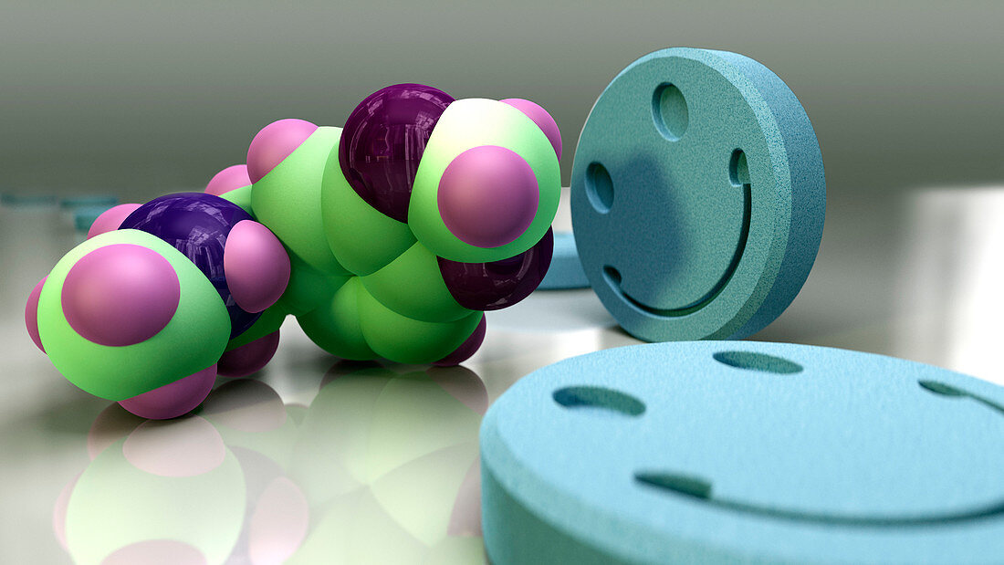 Ecstasy drug molecule and tablets