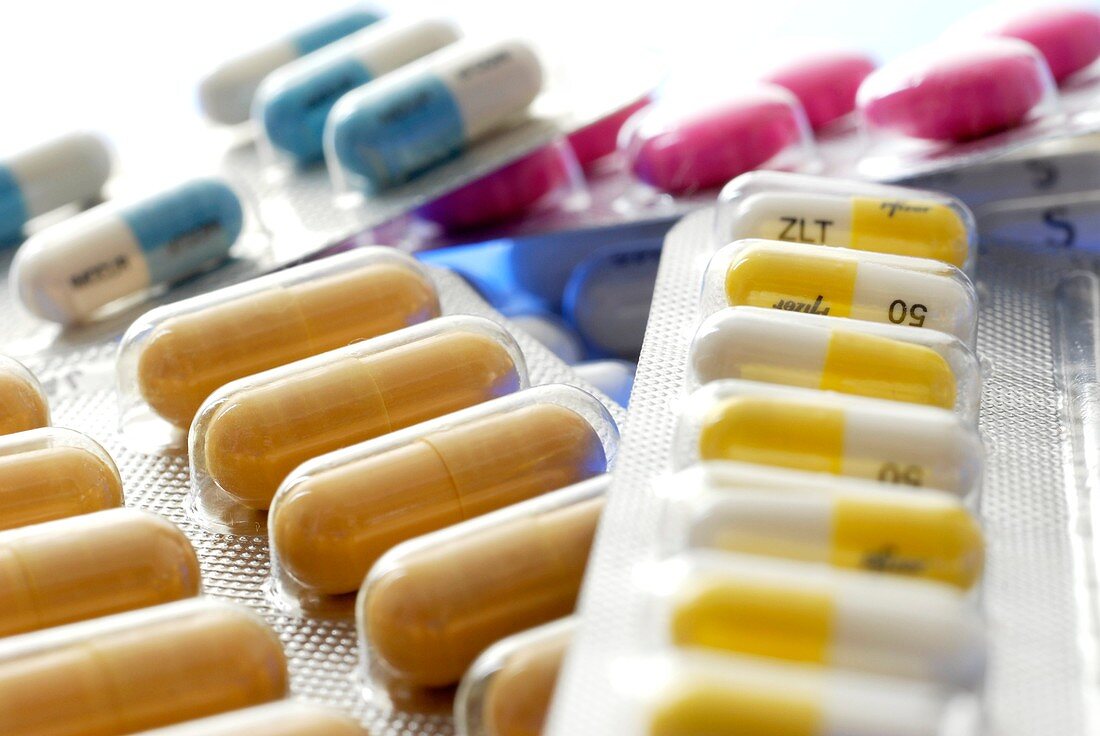 Assortment of pills in blister packs