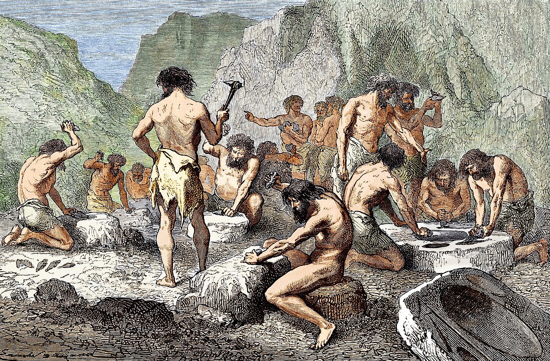 Early humans working flint