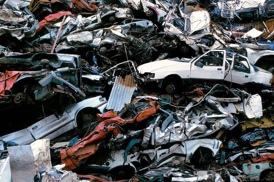 Crushed cars at a scrap yard